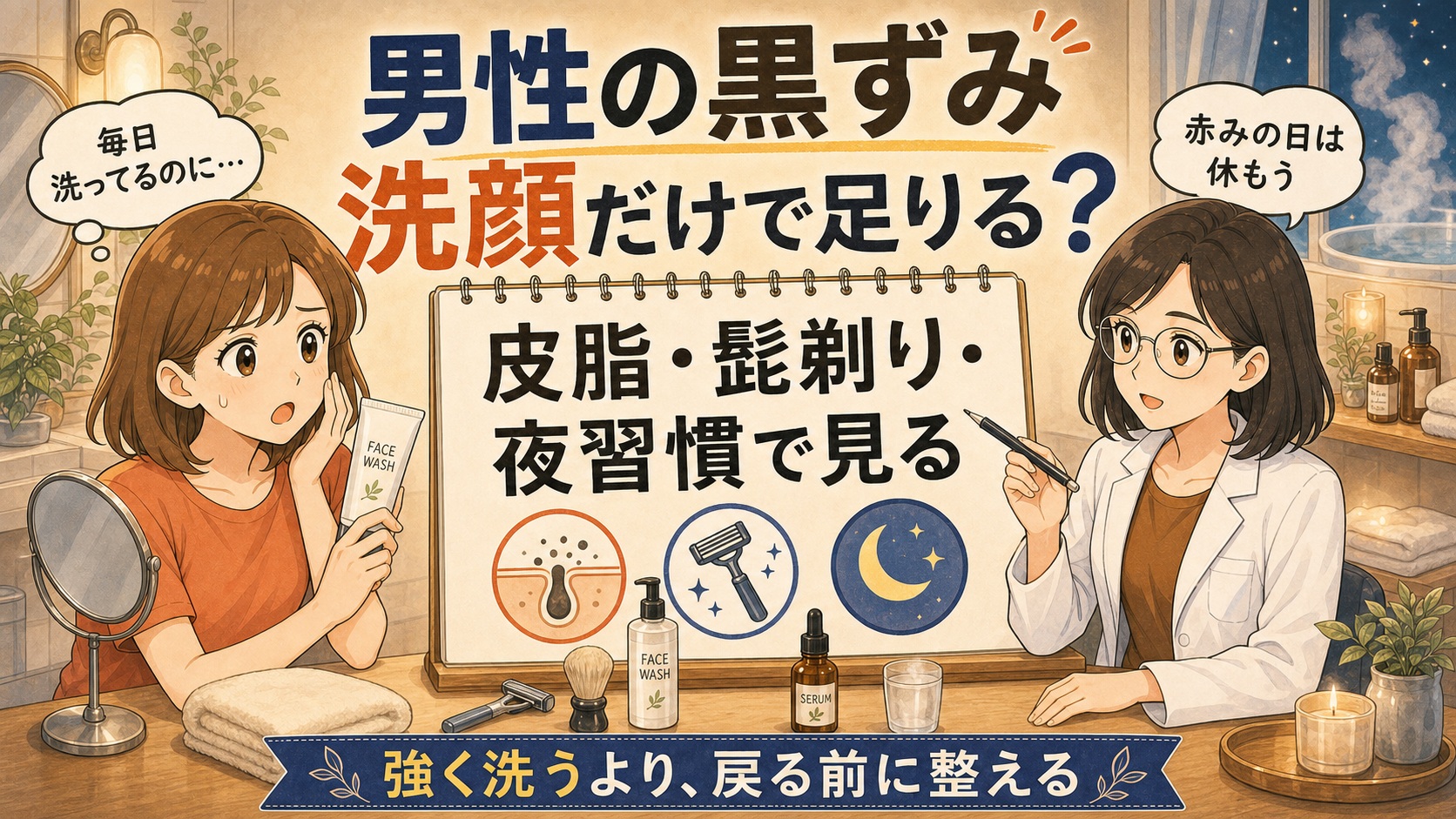 男性の毛穴黒ずみを皮脂・髭剃り・夜習慣で整理するChocobraアイキャッチ