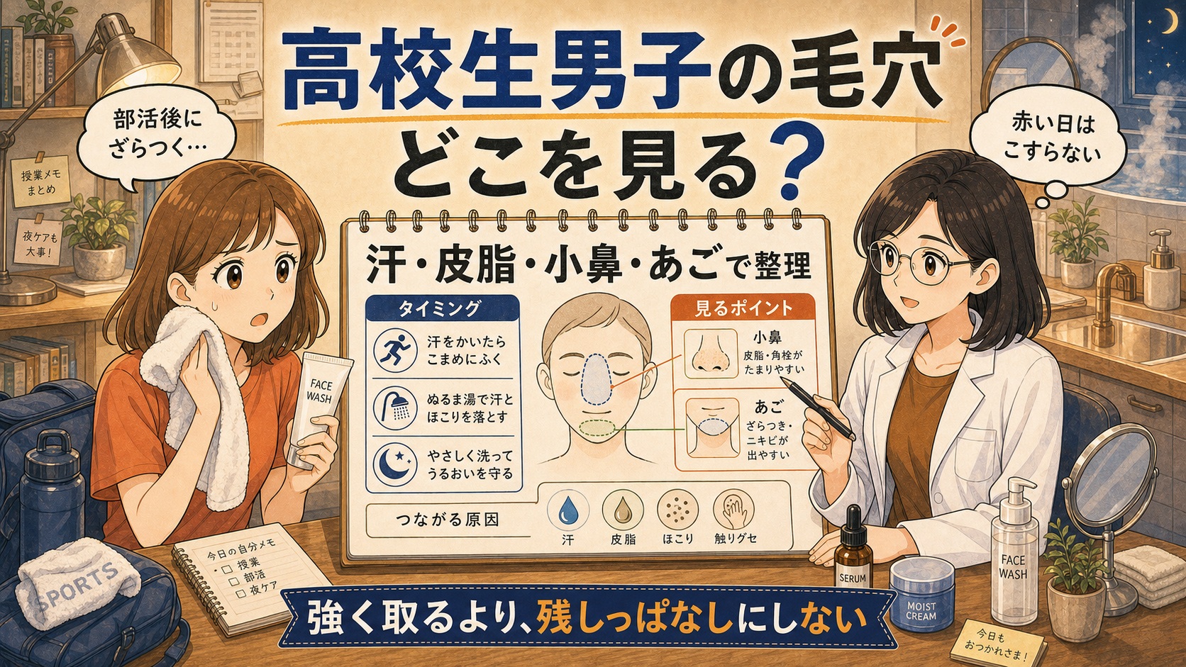 高校生男子の毛穴を汗・皮脂・小鼻・あごで整理するChocobraアイキャッチ