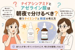 ナイアシンアミドとアゼライン酸を朝夜で分けるべきかを解説する日本風イラスト。中央に2つの美容液ボトル（ナイアシンアミドとアゼライン酸）が太陽と月のアイコンとともに配置され、使用タイミングや頻度の考え方がテーマになっている。左右には悩む女性と白衣の女性が描かれている。