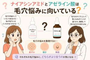 ナイアシンアミドとアゼライン酸が毛穴悩みに向いているかを解説する日本風イラスト。中央に2つの美容液ボトル（ナイアシンアミドとアゼライン酸）が並び、黒ずみ・開き・角栓といった毛穴タイプ別に考える構成。左右には悩む女性と白衣の女性が配置され、自分の毛穴タイプに合う選び方を検討する内容になっている。