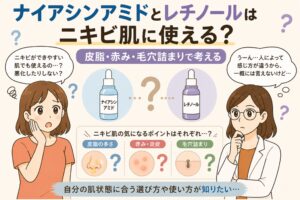 ナイアシンアミドとレチノールがニキビ肌に使えるかを解説する日本風イラスト。中央に2つの美容液ボトル（ナイアシンアミドとレチノール）が並び、皮脂の多さ・赤みや炎症・毛穴詰まりといったポイント別に考える構成。左右には悩む女性と白衣の女性が配置され、肌状態に合わせた選び方への疑問が表現されている。