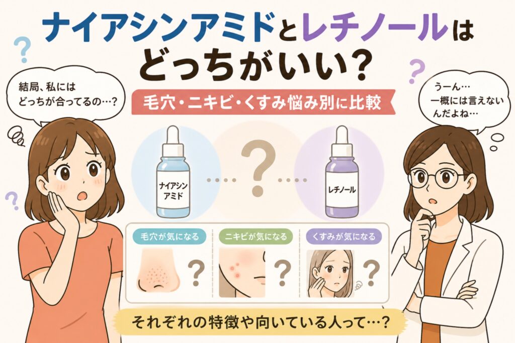 ナイアシンアミドとレチノールのどちらが良いかを比較する日本風イラスト。中央に2つの美容液ボトルが配置され、毛穴・ニキビ・くすみの悩み別にどちらが向いているかを考える構成。左右には悩む女性と白衣の女性が描かれている。