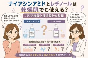 ナイアシンアミドとレチノールが乾燥肌でも使えるかを解説する日本風イラスト。中央に2つの美容液ボトル（ナイアシンアミドとレチノール）が並び、バリア機能や保湿との関係、刺激の不安などがアイコンで示されている。左右には悩む女性と白衣の女性が配置され、乾燥肌での使い方や組み合わせの考え方が表現されている。