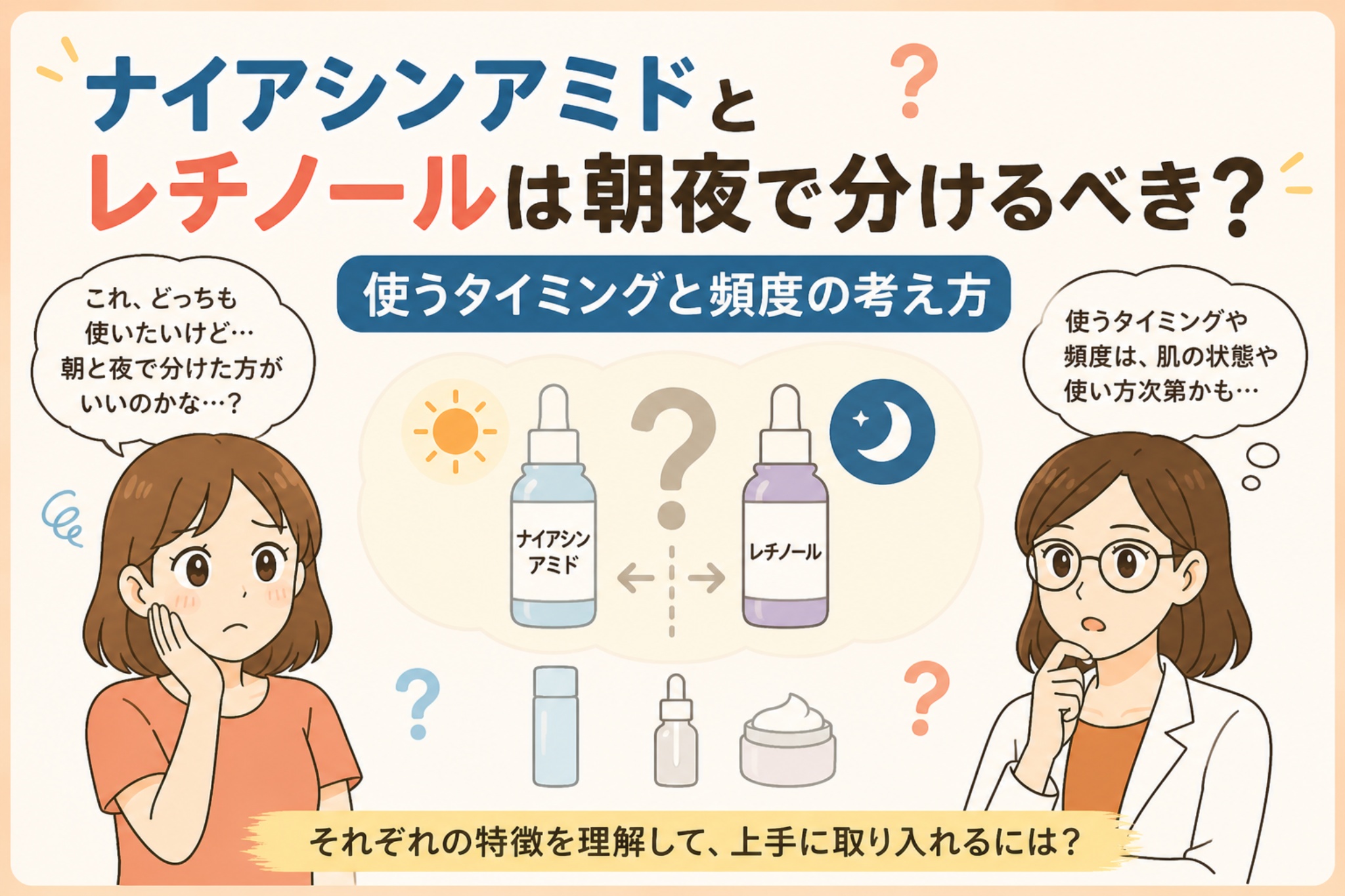 ナイアシンアミドとレチノールを朝夜で分けるべきかを解説する日本風イラスト。中央に2つの美容液ボトル（ナイアシンアミドとレチノール）が太陽と月のアイコンとともに配置され、使用タイミングや頻度の考え方がテーマになっている。左右には悩む女性と白衣の女性が描かれている。