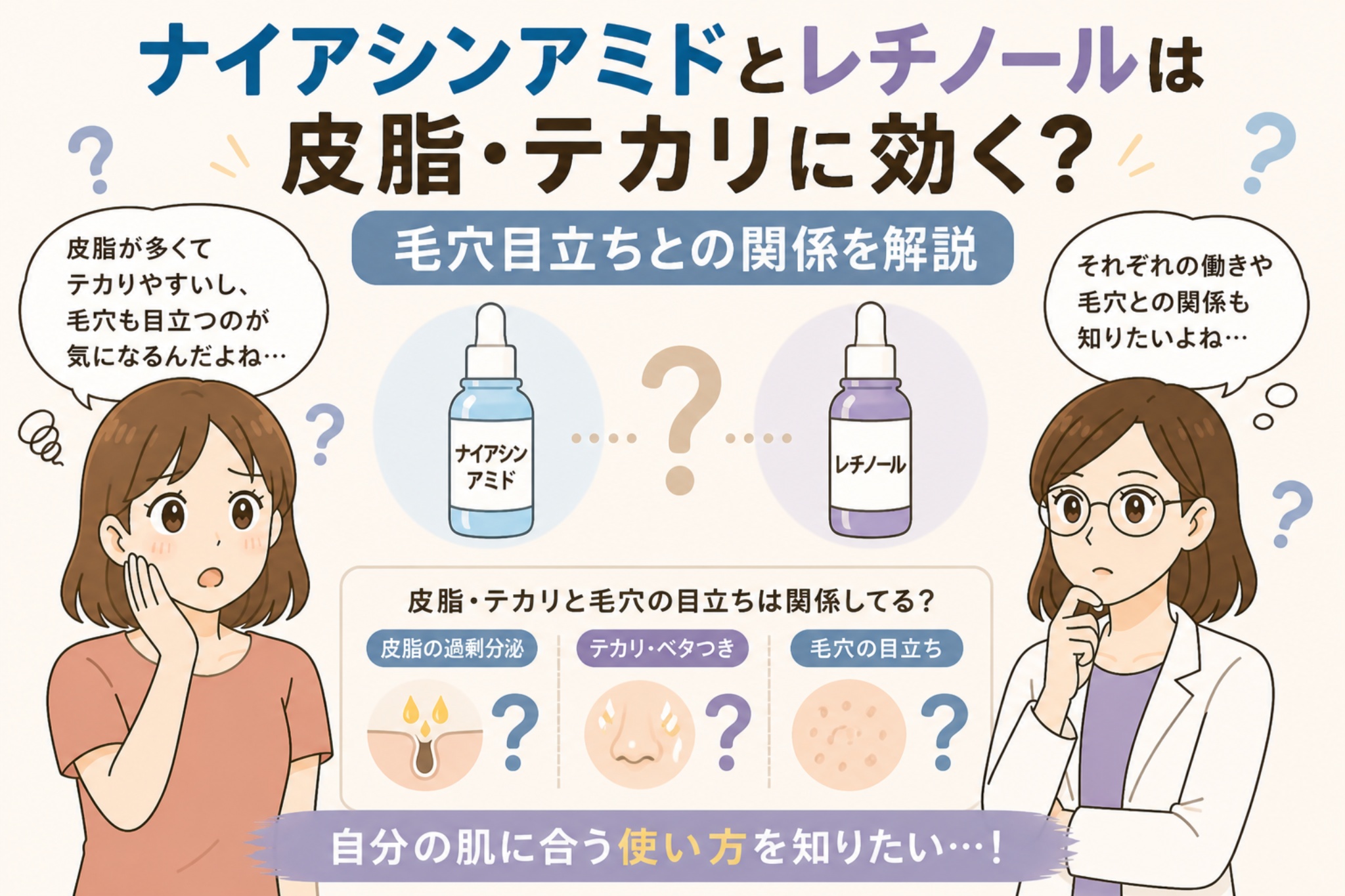 ナイアシンアミドとレチノールが皮脂・テカリに効くかを解説する日本風イラスト。中央に2つの美容液ボトル（ナイアシンアミドとレチノール）が並び、皮脂の過剰分泌・テカリ・毛穴の目立ちとの関係がアイコンで示されている。左右には悩む女性と白衣の女性が配置され、肌状態に合わせた使い方への疑問が表現されている。