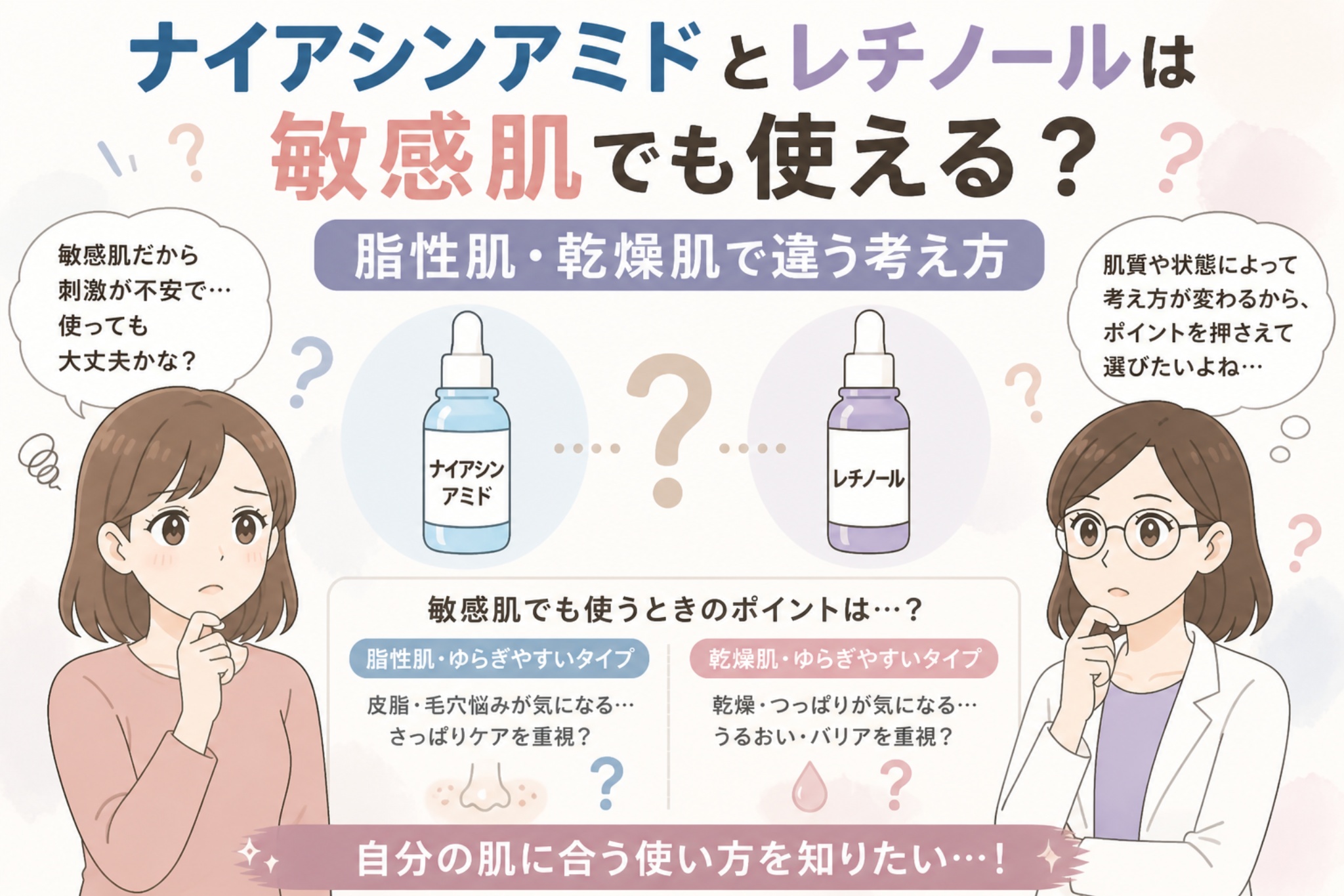 ナイアシンアミドとレチノールが敏感肌でも使えるかを解説する日本風イラスト。中央に2つの美容液ボトル（ナイアシンアミドとレチノール）が並び、脂性肌・乾燥肌での考え方の違いや、敏感肌で使う際のポイントが整理されている。左右には悩む女性と白衣の女性が配置され、刺激への不安や使い方の疑問が表現されている。