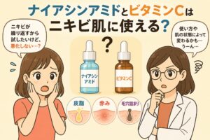 ナイアシンアミドとビタミンCがニキビ肌に使えるかをテーマにした日本風イラスト。中央に2つの美容液ボトル（ナイアシンアミドとビタミンC）が並び、下部に皮脂・赤み・毛穴詰まりのイラストが表示されている。左右には悩む女性と白衣の女性が配置され、使い方や肌状態による違いへの疑問が表現されている。