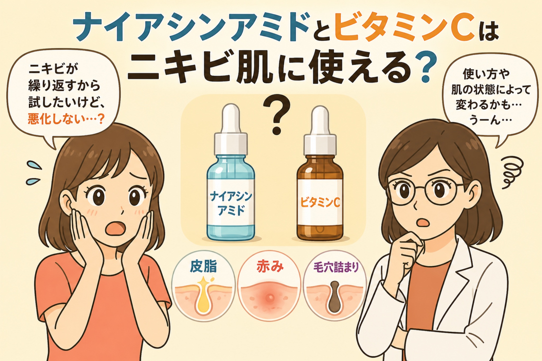 ナイアシンアミドとビタミンCがニキビ肌に使えるかをテーマにした日本風イラスト。中央に2つの美容液ボトル（ナイアシンアミドとビタミンC）が並び、下部に皮脂・赤み・毛穴詰まりのイラストが表示されている。左右には悩む女性と白衣の女性が配置され、使い方や肌状態による違いへの疑問が表現されている。