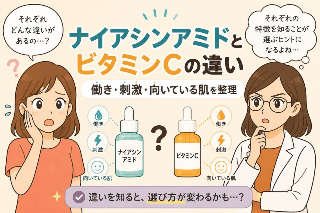 ナイアシンアミドとビタミンCの違いを解説する日本風イラスト。中央に2つの美容液ボトル（ナイアシンアミドとビタミンC）が並び、働き・刺激・向いている肌の違いがアイコンで比較されている。左右には悩む女性と白衣の女性が配置され、違いを知ることで選び方が変わることを示している。