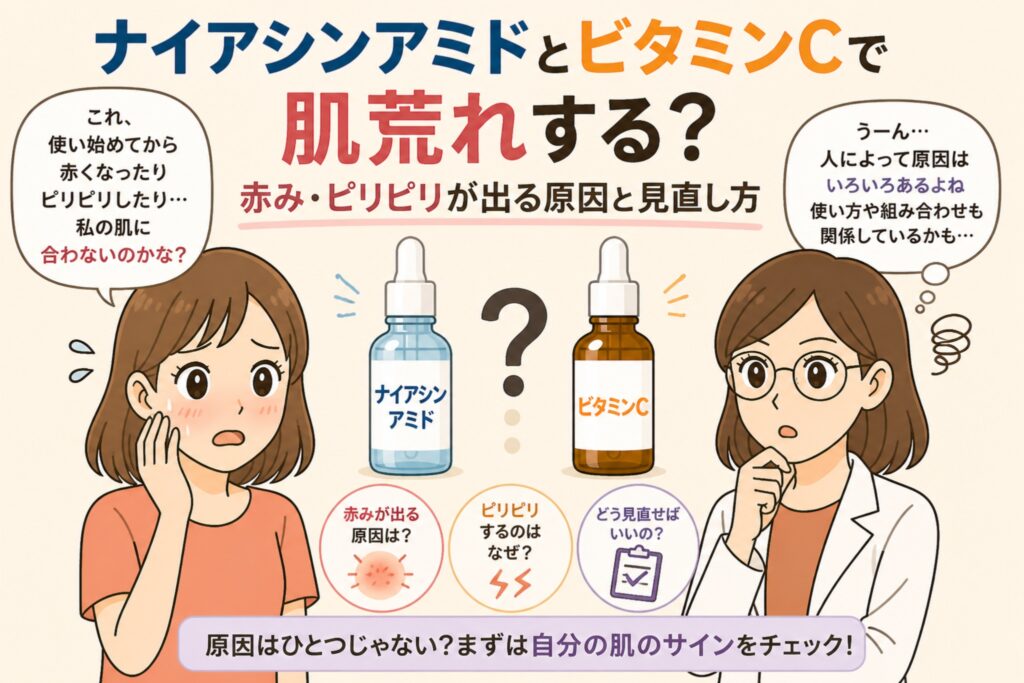 ナイアシンアミドとビタミンCで肌荒れするかを解説する日本風イラスト。中央に2つの美容液ボトル（ナイアシンアミドとビタミンC）が並び、赤みやピリピリの原因や見直し方がアイコンで示されている。左右には悩む女性と白衣の女性が配置され、肌に合わない可能性や使い方の違いへの疑問が表現されている。