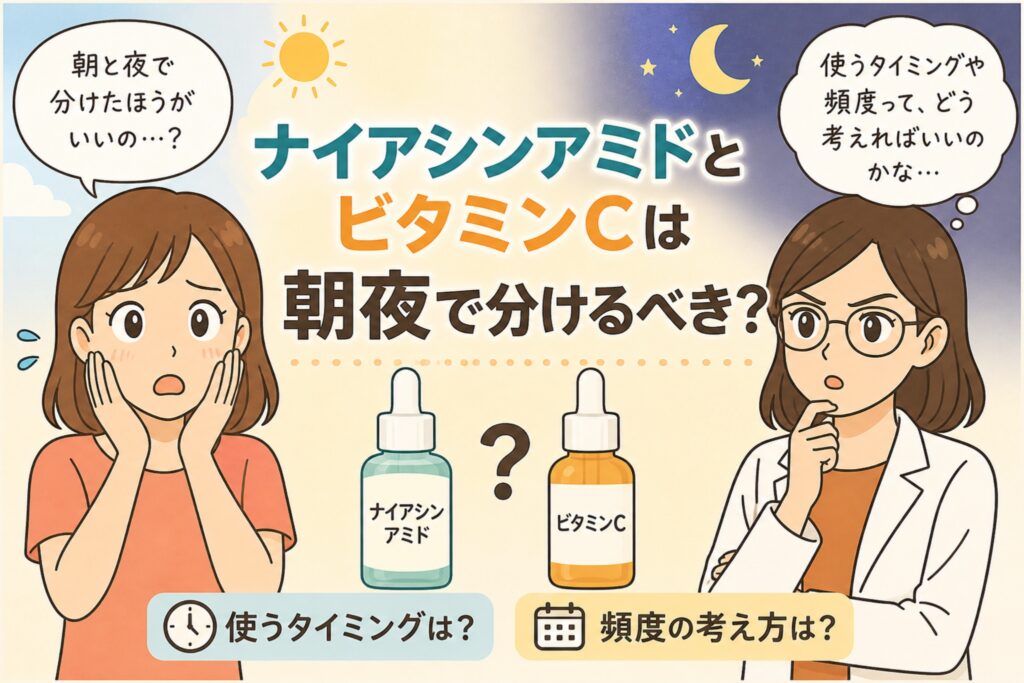 ナイアシンアミドとビタミンCを朝夜で分けるべきかをテーマにした日本風イラスト。中央に2つの美容液ボトル（ナイアシンアミドとビタミンC）が並び、上部に太陽と月のアイコン、左右に悩む女性と白衣の女性が配置されている。使用タイミングや頻度についての疑問が吹き出しで表現されている。