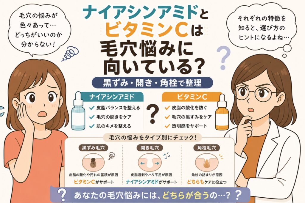 ナイアシンアミドとビタミンCが毛穴悩みに向いているかを解説する日本風イラスト。中央に2つの美容液ボトル（ナイアシンアミドとビタミンC）が並び、皮脂バランスや黒ずみケアなどの特徴が比較されている。下部には黒ずみ毛穴・開き毛穴・角栓毛穴のタイプ別に適したケアが図解されており、左右に悩む女性と白衣の女性が配置されている。