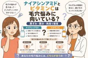 ナイアシンアミドとビタミンCが毛穴悩みに向いているかを解説する日本風イラスト。中央に2つの美容液ボトル（ナイアシンアミドとビタミンC）が並び、皮脂バランスや黒ずみケアなどの特徴が比較されている。下部には黒ずみ毛穴・開き毛穴・角栓毛穴のタイプ別に適したケアが図解されており、左右に悩む女性と白衣の女性が配置されている。