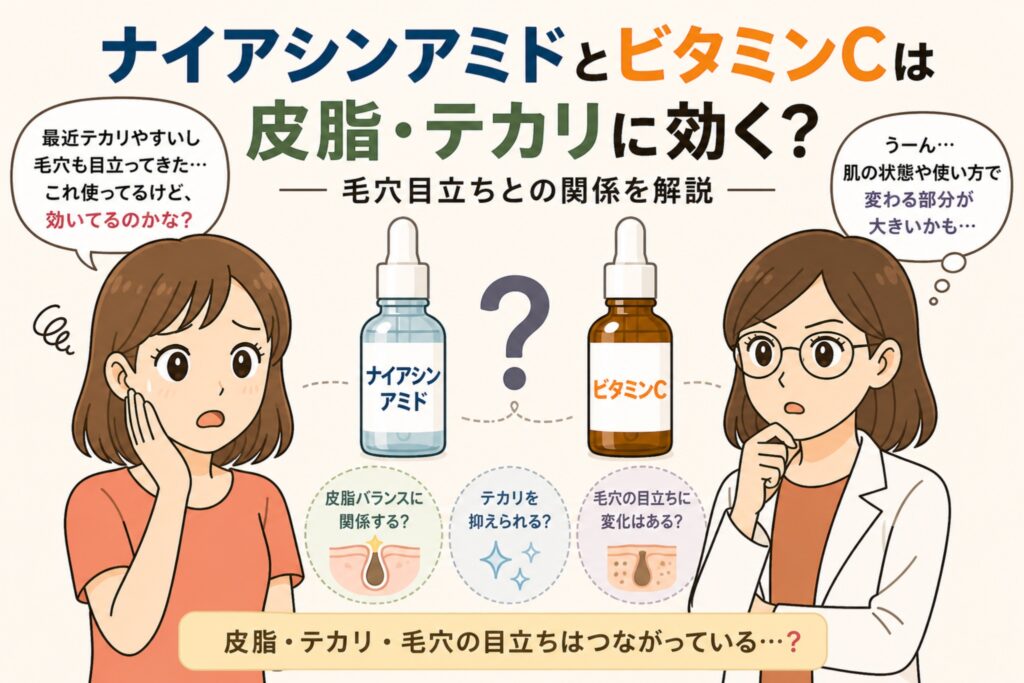 ナイアシンアミドとビタミンCが皮脂・テカリに効くかを解説する日本風イラスト。中央に2つの美容液ボトル（ナイアシンアミドとビタミンC）が並び、皮脂バランス・テカリ抑制・毛穴目立ちとの関係がアイコンで示されている。左右には悩む女性と白衣の女性が配置され、使い方や効果への疑問が表現されている。