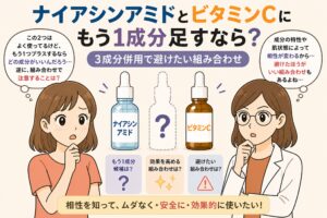 ナイアシンアミドとビタミンCにもう1成分を足す場合の考え方を解説する日本風イラスト。中央にナイアシンアミドとビタミンCの美容液ボトルと、追加成分を示すシルエットが配置されている。効果を高める組み合わせや避けたい組み合わせなどのポイントが示され、左右に悩む女性と白衣の女性が描かれている。