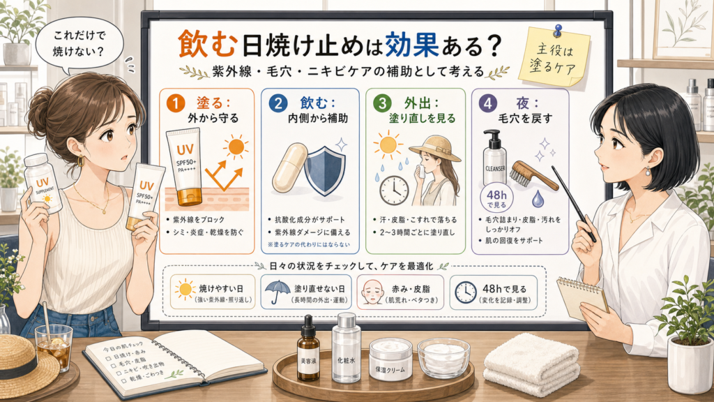 飲む日焼け止めの効果を塗るケアと補助で整理する比較ボード