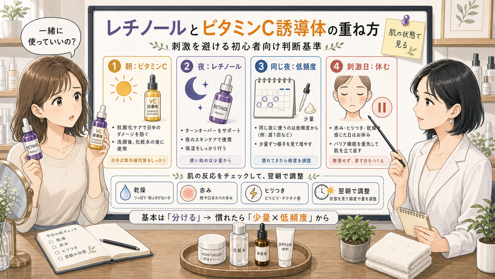 レチノールとビタミンC誘導体の重ね方を朝夜と刺激で整理する比較ボード