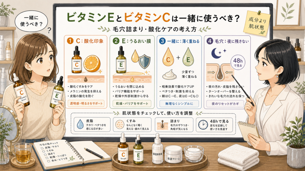 ビタミンEとビタミンCの相乗効果を毛穴酸化ケアで整理する比較ボード
