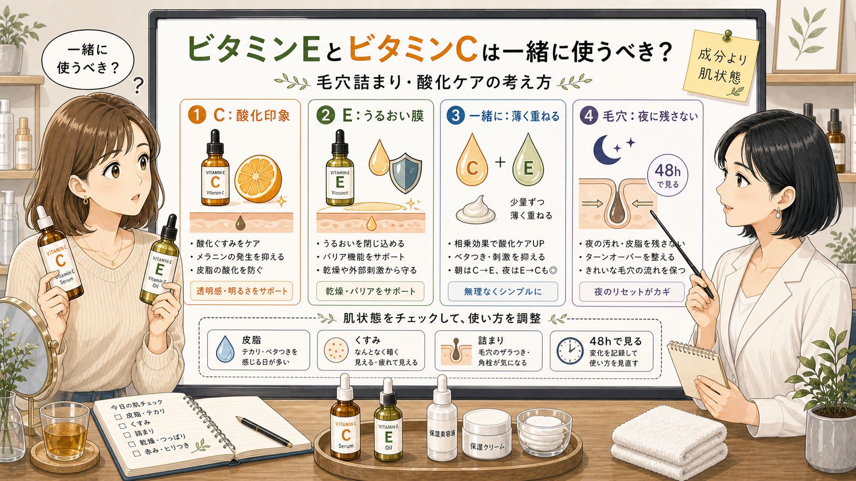 ビタミンEとビタミンCの相乗効果を毛穴酸化ケアで整理する比較ボード