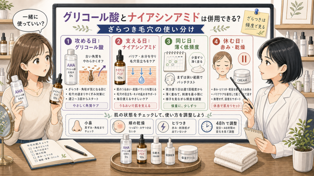 グリコール酸とナイアシンアミドの併用をざらつき毛穴で整理する新しい比較ボード