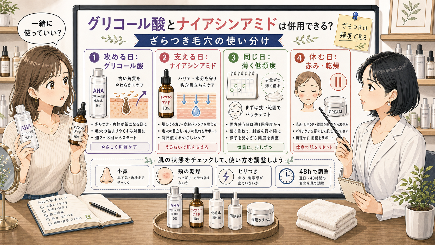 グリコール酸とナイアシンアミドの併用をざらつき毛穴で整理する新しい比較ボード