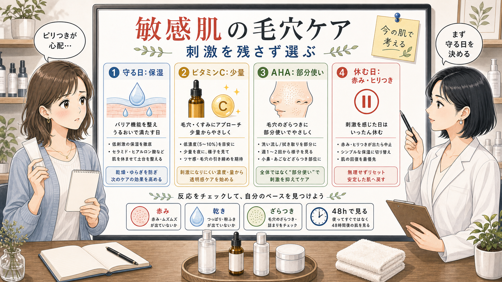 敏感肌の毛穴ケアで保湿・ビタミンC・AHA・休む日を選ぶ比較ボード