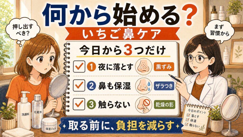 いちご鼻ケアで今日から始める3つの見直しを説明するイラスト