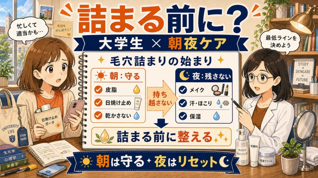 大学生の毛穴詰まりが始まるタイミングと朝夜の予防ケアを整理するChocobraアイキャッチ