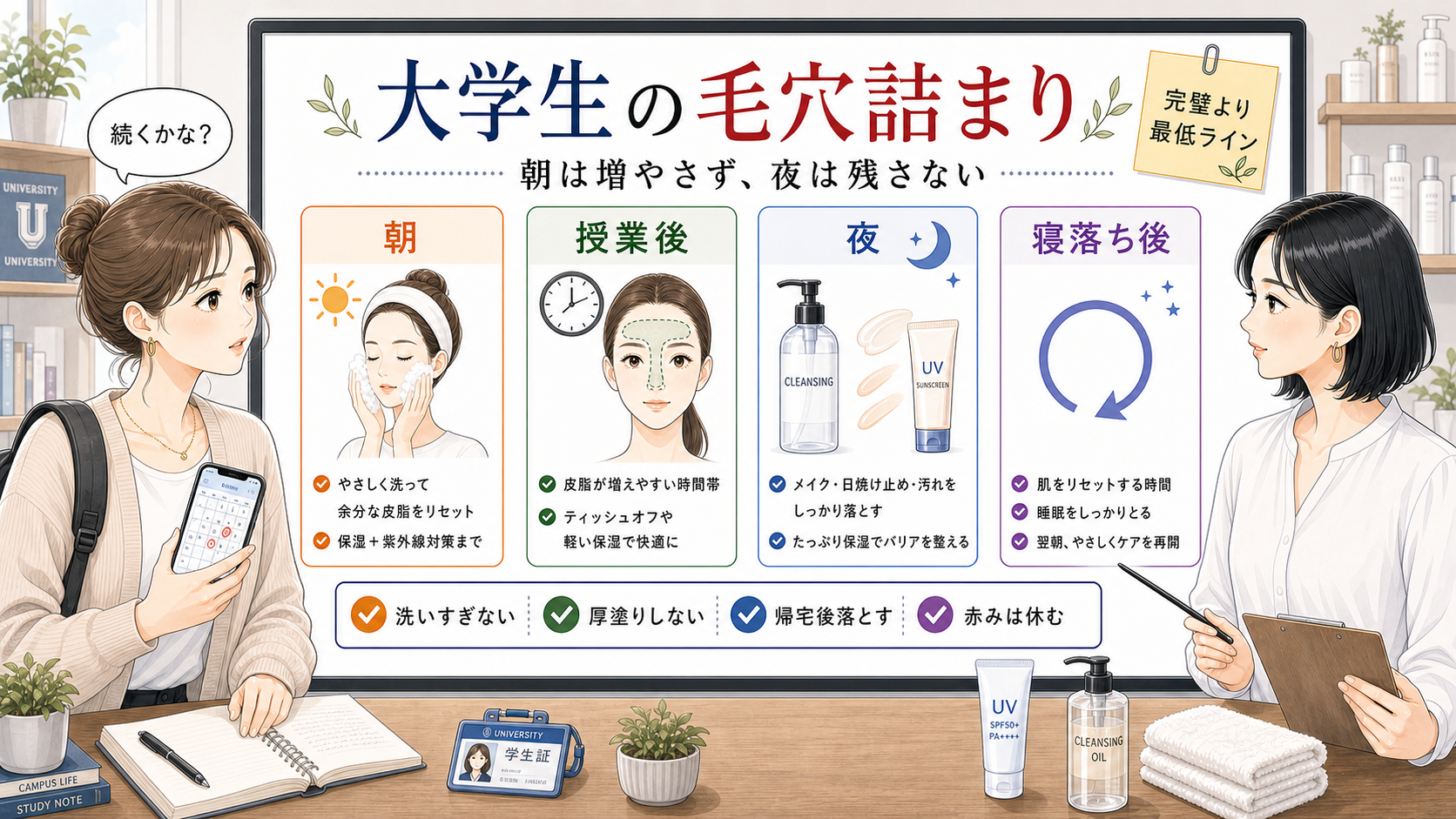 大学生の毛穴詰まりを朝夜の予防ケアで整理する美容相談ボード