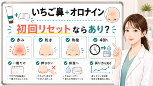 いちご鼻にオロナインと鼻パックを使う判断を大きなボードで右側の女性アドバイザーが解説するアイキャッチ