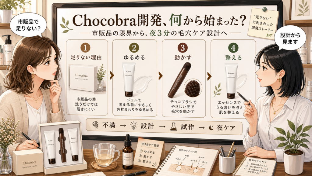 Chocobra開発秘話のアイキャッチ。市販品の限界から夜3分の毛穴ケア設計へ進む流れを示す相談ボード