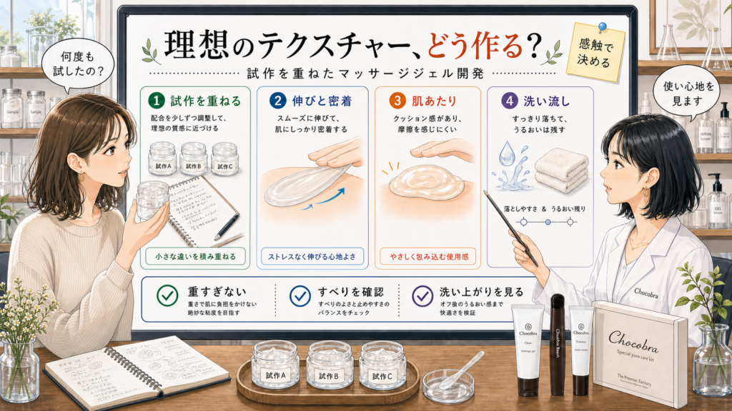 Chocobraマッサージジェルの理想のテクスチャー開発を示すアイキャッチ