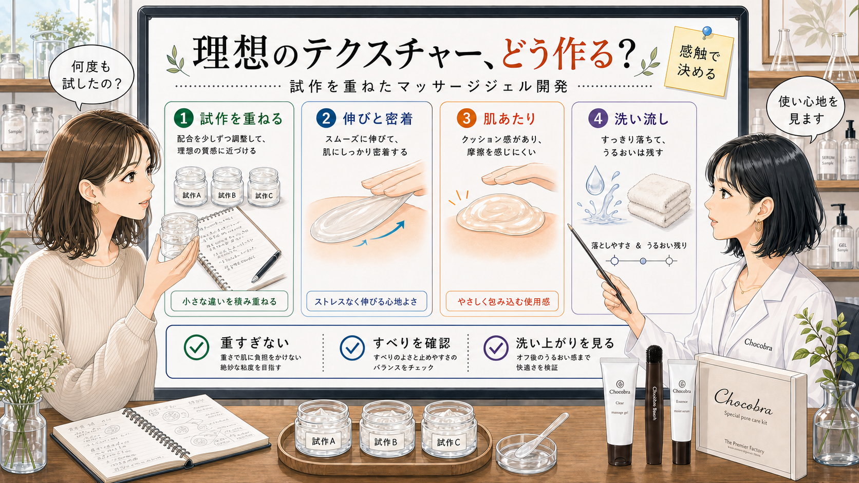 Chocobraマッサージジェルの理想のテクスチャー開発を示すアイキャッチ