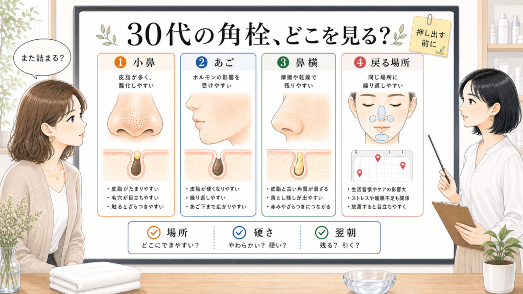 30代の角栓を小鼻・あご・鼻横・戻る場所で見分ける美容メディア風の比較ボード