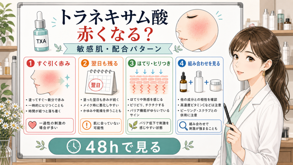 トラネキサム酸で赤くなる時に赤み・翌日・ほてり・組み合わせ・48時間確認を見るアイキャッチ