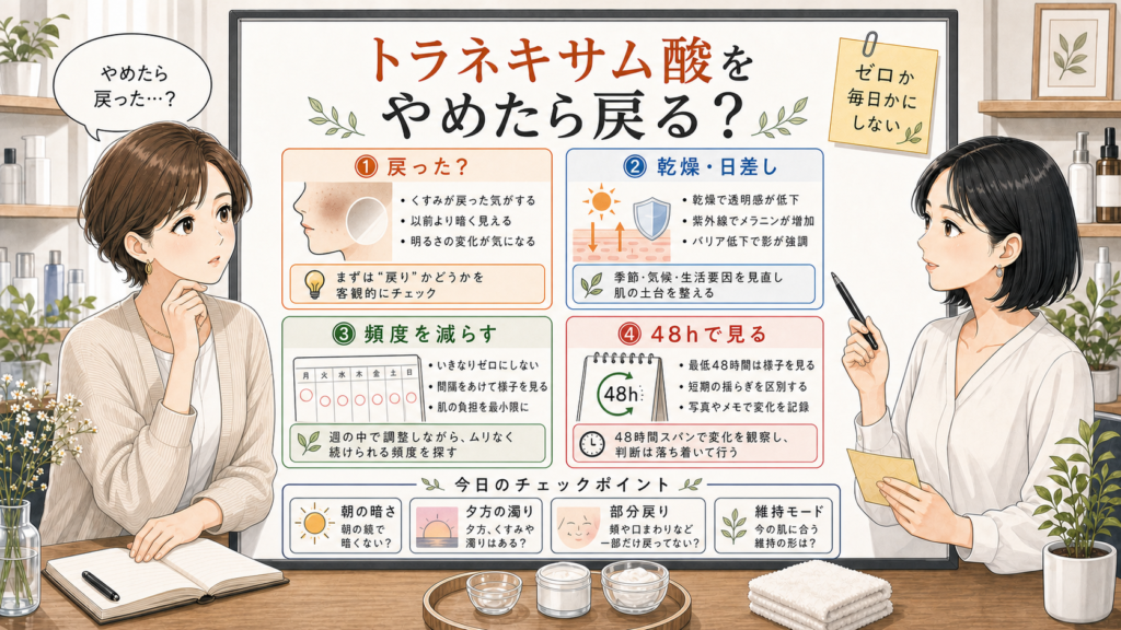 トラネキサム酸をやめたら戻るか不安な時の維持モードを示す美容メディア風イラスト