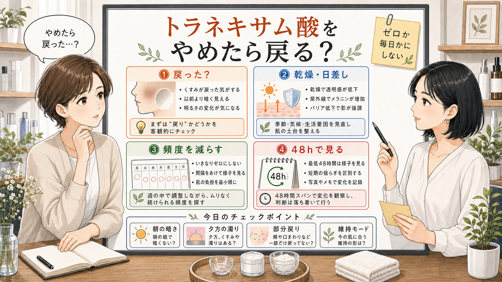 トラネキサム酸をやめたら戻るか不安な時の維持モードを示す美容メディア風イラスト