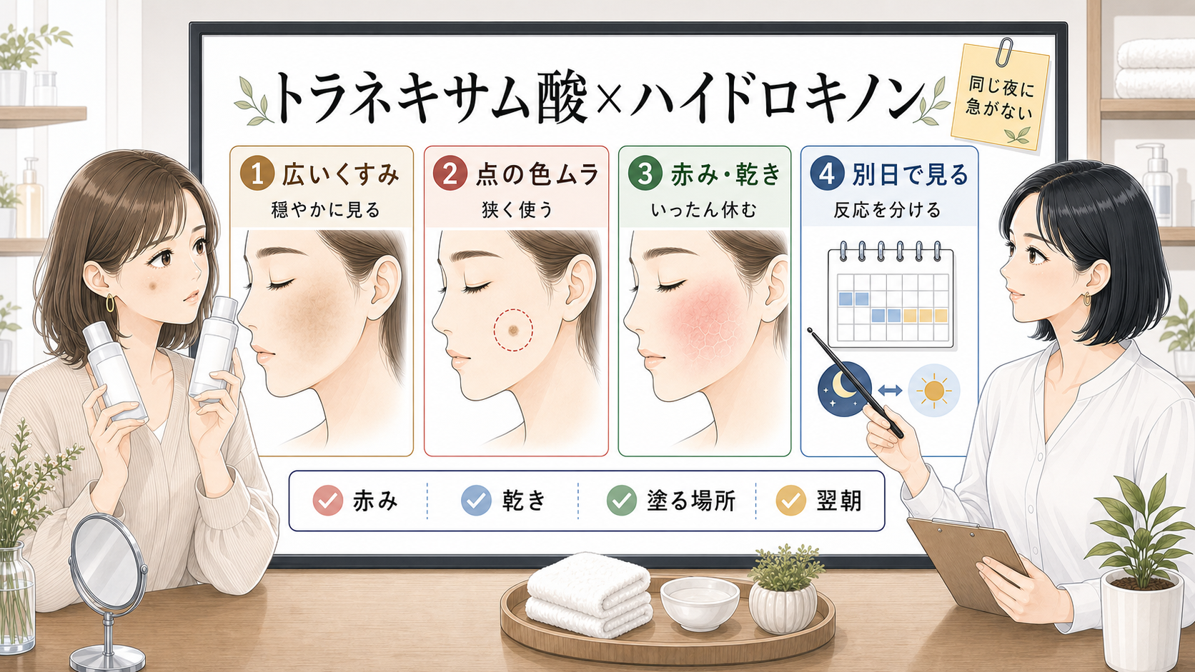 トラネキサム酸とハイドロキノン併用の判断を説明する美容相談ボード