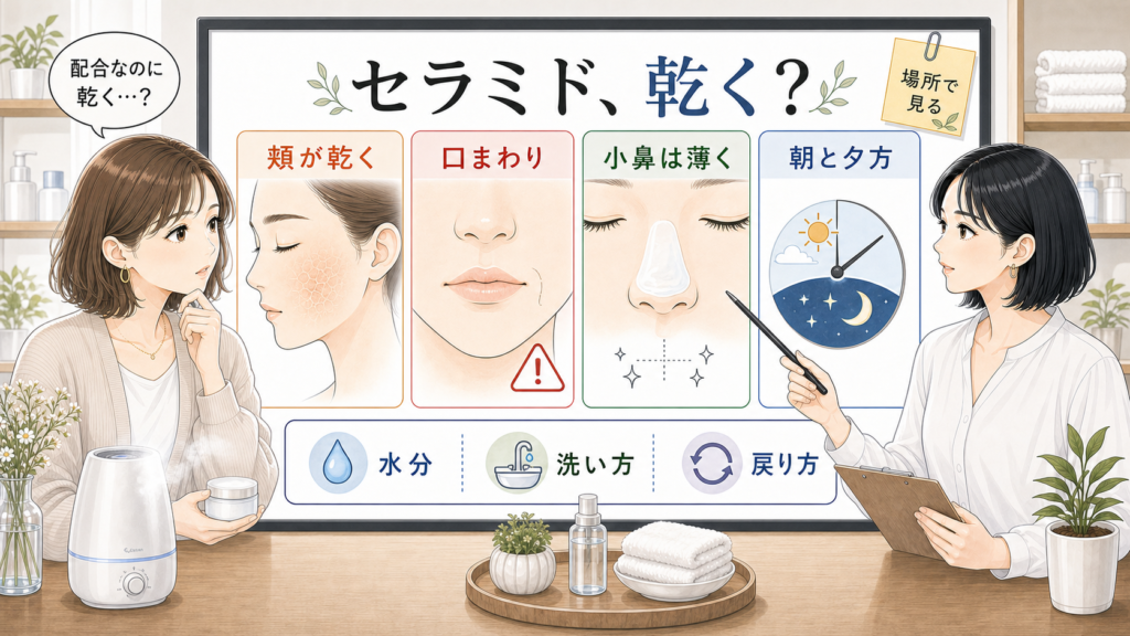 乾燥肌にセラミドを使う時に頬や口まわりや小鼻の乾き方を分けて見る美容メディア風イラスト