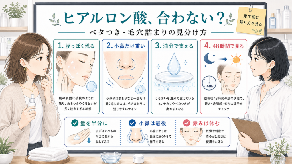 ヒアルロン酸が合わない人向けにベタつきと毛穴詰まりの見分け方を示す美容メディア風アイキャッチ