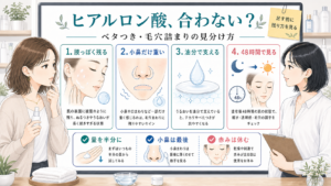 ヒアルロン酸が合わない人向けにベタつきと毛穴詰まりの見分け方を示す美容メディア風アイキャッチ