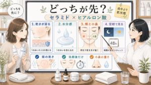 セラミドとヒアルロン酸どっちが先かを頬の乾きと小鼻の重さで整理する図