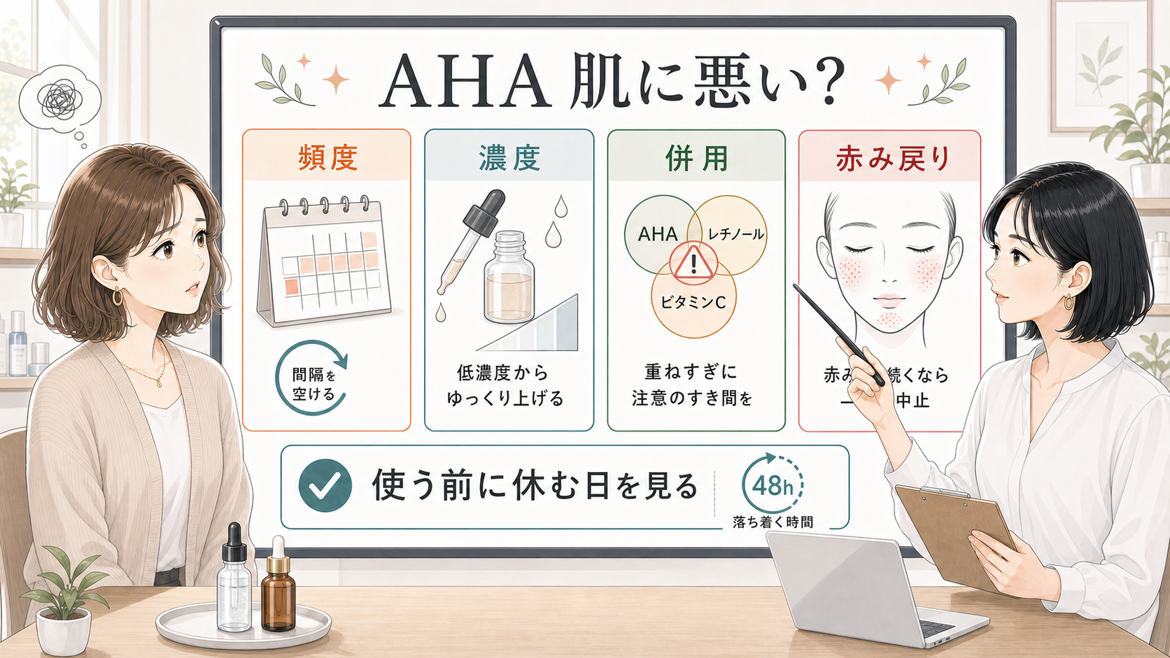 AHAが肌に悪いと感じる赤みを頻度・濃度・併用で見分ける白ボードと女性アドバイザー