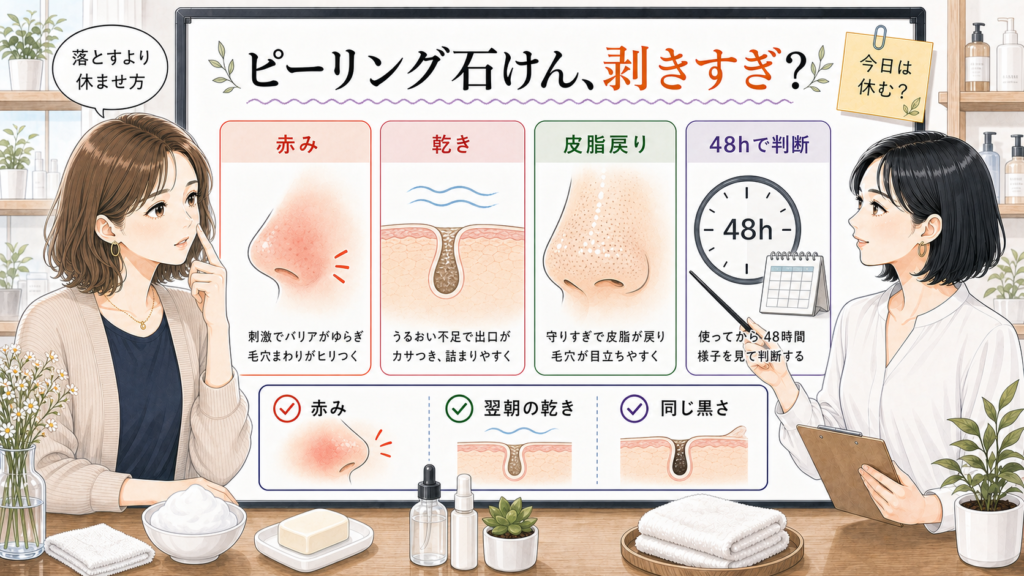 ピーリング石けん後の黒ずみを赤み・乾き・皮脂戻り・48時間判断で見る1207基準のイラスト