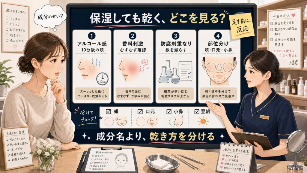 保湿しても乾く肌をアルコール感、香料刺激、防腐剤の重なり、頬や口元や小鼻の部位で見分ける美容相談ボード