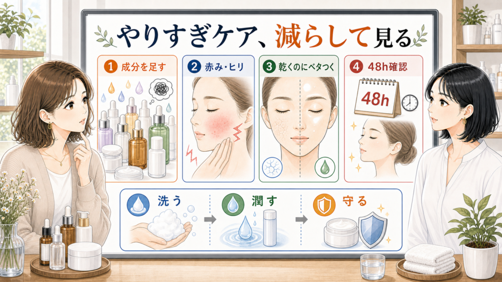 スキンケアのやりすぎを成分の足しすぎ、赤みヒリつき、乾きとベタつき、48時間確認で整理するアイキャッチ