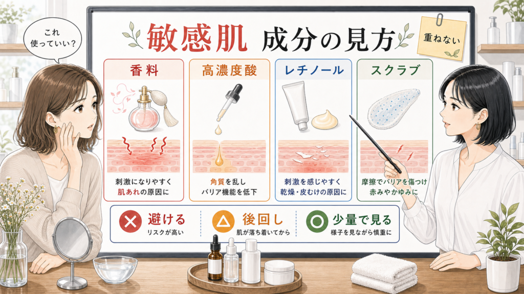 敏感肌が避けるべき成分を香料・高濃度酸・レチノール・スクラブ別に整理した相談室風の比較ボード