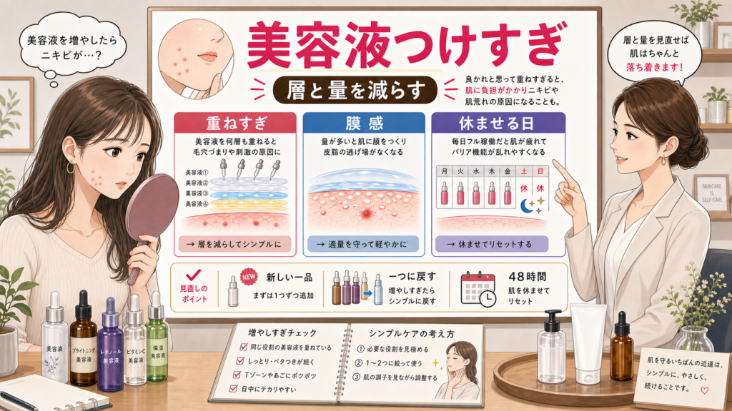 美容液のつけすぎによるニキビを重ねすぎ膜感休ませる日で整理する相談ボードのアイキャッチ
