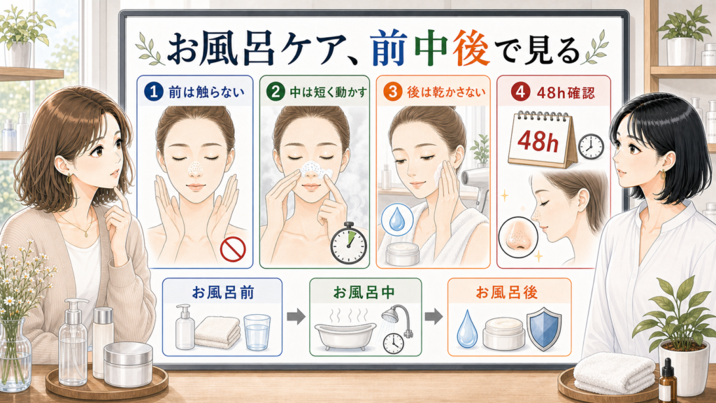 毛穴ケアをお風呂前は触らない、中は短く動かす、後は乾かさない、48時間確認で整理するアイキャッチ