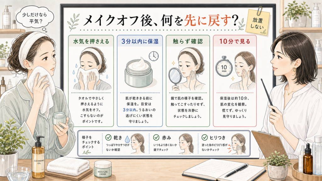 メイクオフ後に水気や保湿や確認時間を順番に見る美容メディア挿絵
